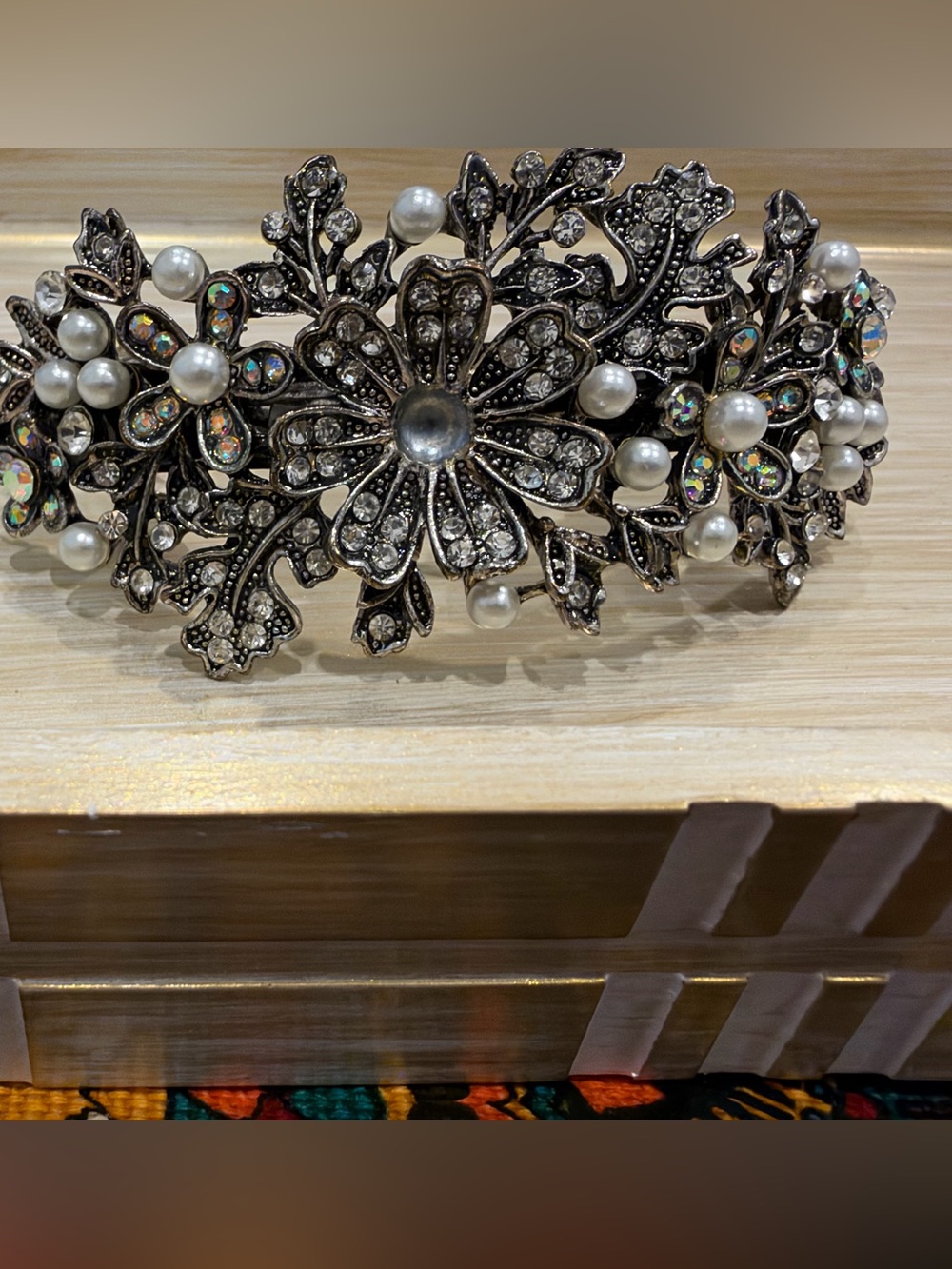 Silver Floral Pearl and Crystal Hair Barrette
